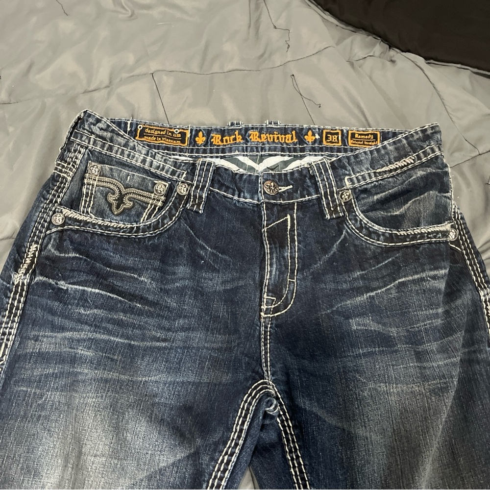 Rock Revival Dark Blue Jeans with Gray Patch